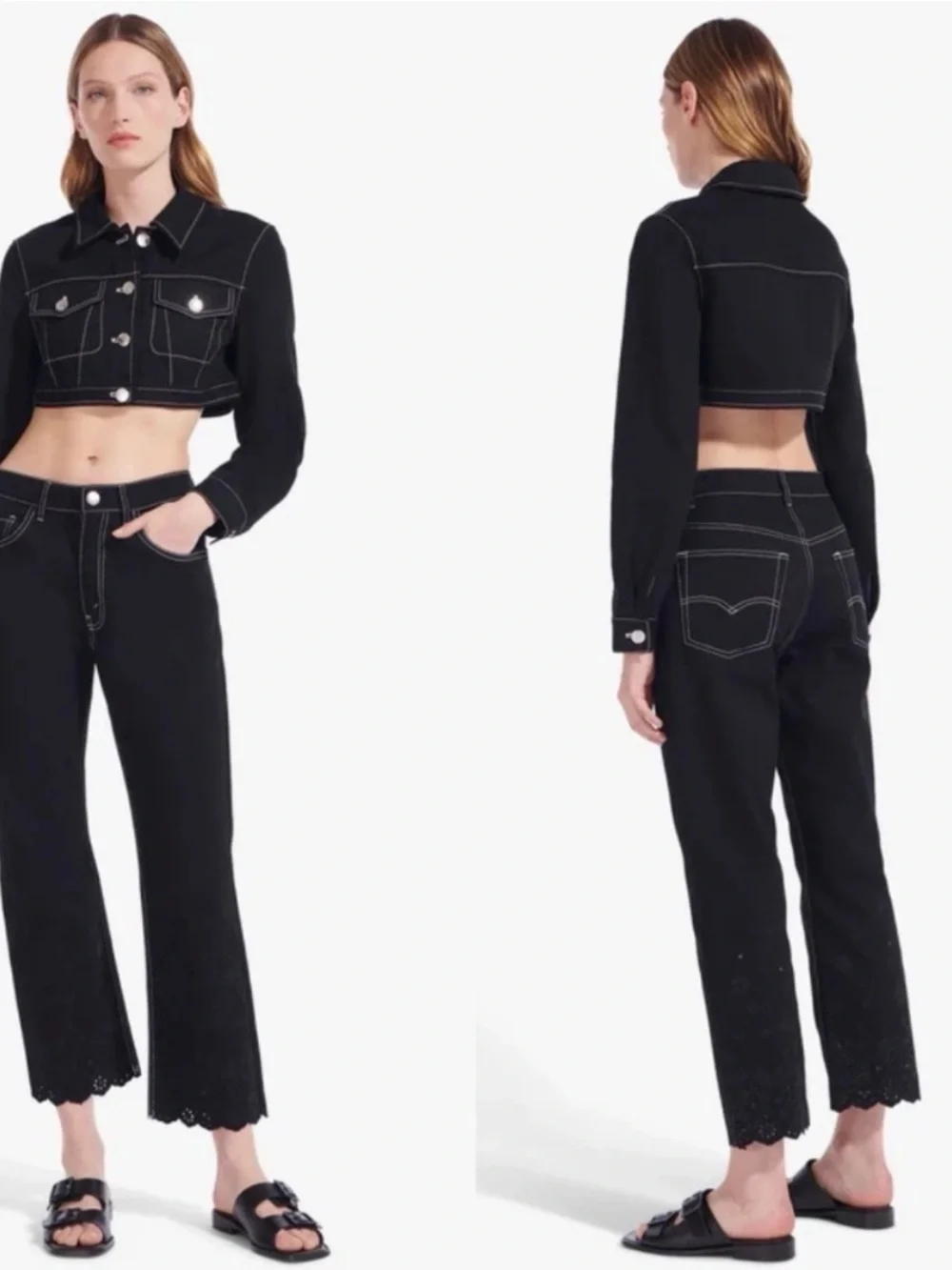 STAUD Black Cropped Jeans with Contrast White Stitching